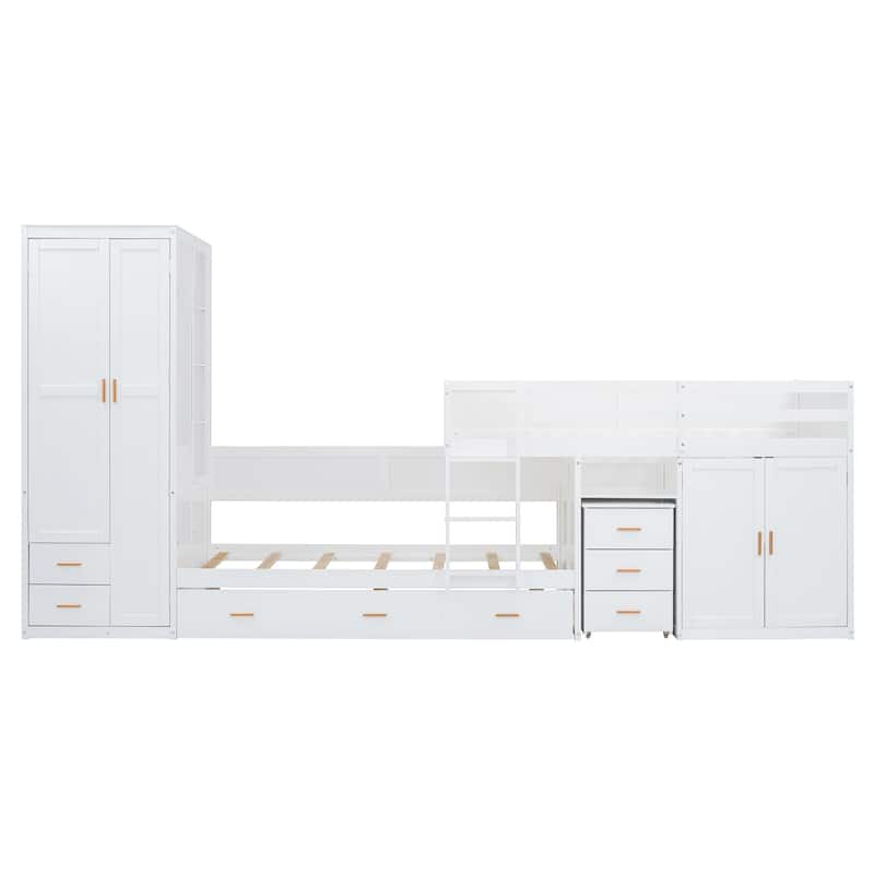 Twin Wooden Bunk Bed with Trundle, Cabinet, Wardrobe, Desk and Drawers