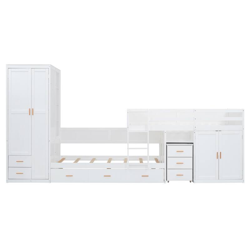 Twin Wooden Bunk Bed with Trundle, and Wardrobe, Desk & 5 Drawers - Gray Plywood, 400lb Capacity