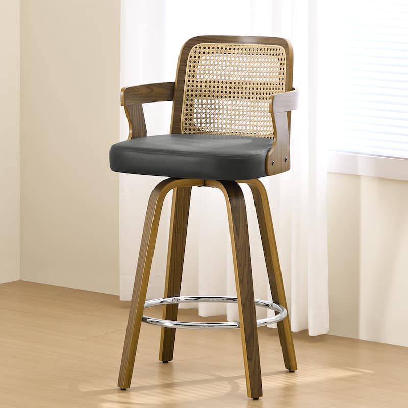 Upholstered Wood Swivel Counter Height Barstool with Arms - 37.8"H x 18.7"W x 19.29"D - Single - Grey-Rattan Back