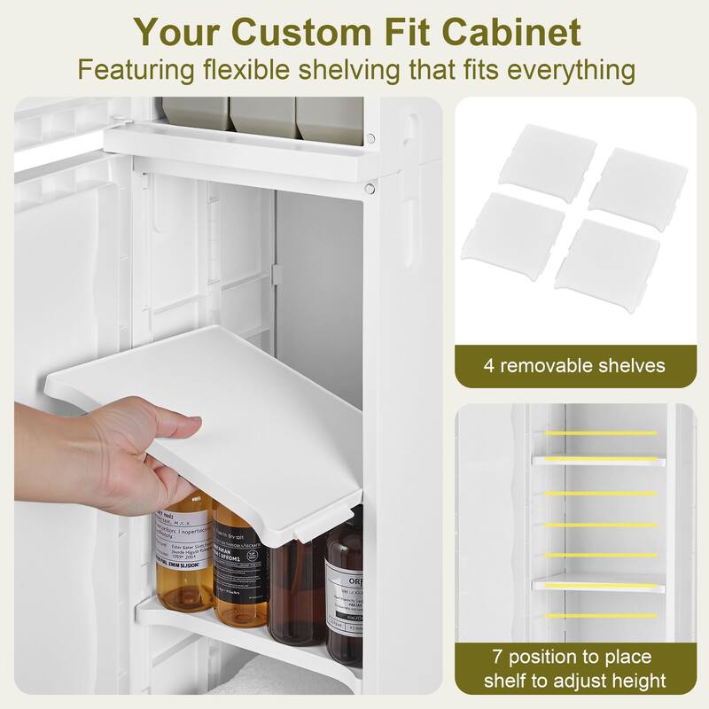 VECELO White Waterproof Plastic Bathroom Storage Cabinet with Adjustable Shelves Space Saving Narrow Cabinet with Handles