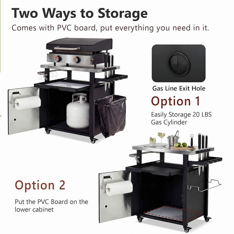39.5"Outdoor Grill Cart with Storage Cabinet,Bar Cart Pizza Oven Table with Wheels,Stainless Steel Top,with Spice & Paper Rack