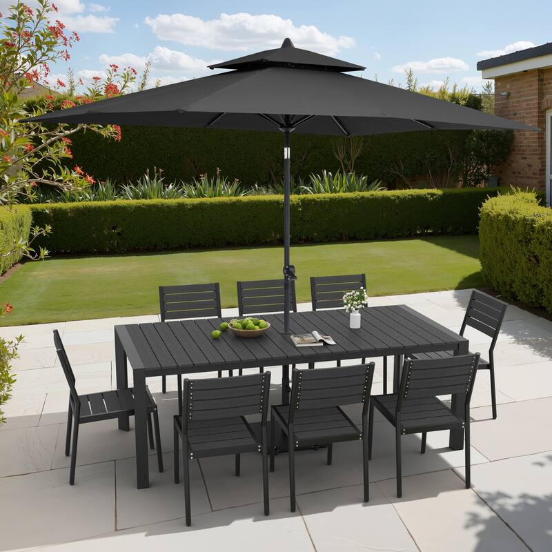 9/11-Piece Outdoor Dining Set Aluminum Table and Stackable Chairs w/10 ft Umbrella and Base - Set of 11 - Black Table with Black Umbrella