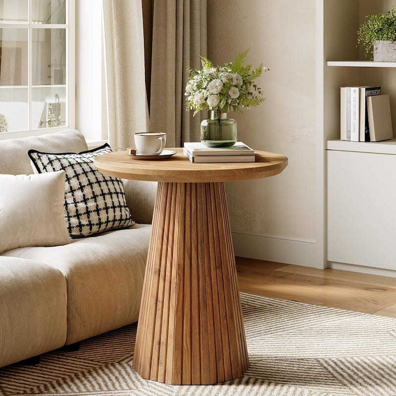 19-inch Solid Wood Small Round Pedestal Side/End/Bedside Table with Fluted Base