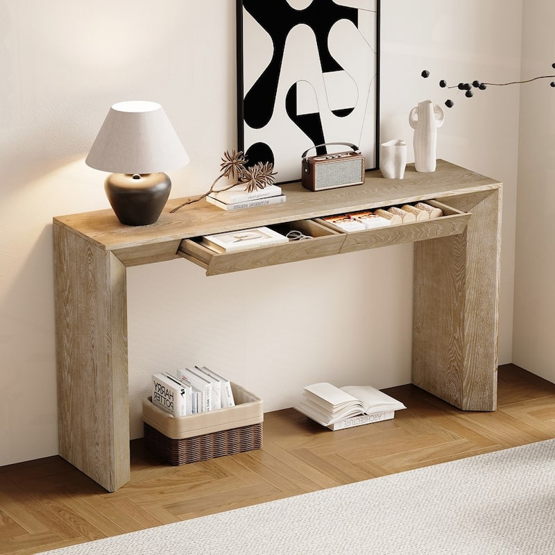 Farmhouse Console Table with 2 Concealed Drawers - Natural