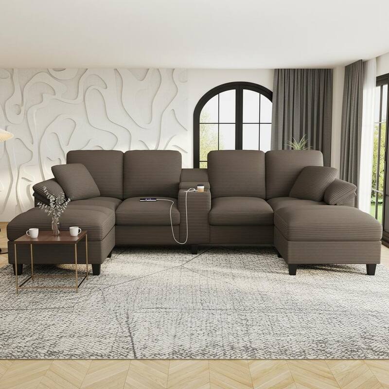 U-Shaped Corduroy Sectional with Hidden Storage, Center Console & USB Ports by Harper&Bright Designs