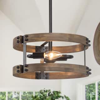 Modern Farmhouse 2-Light Wood Drum Chandelier Hanging Pendant Lights - 12"W x 5.5"H
