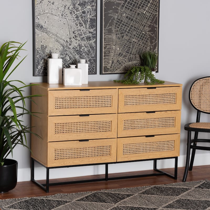 Sawyer Mid-Century Modern Industrial Oak Brown Finished Wood and Black Metal 6-Drawer Storage Cabinet with Natural Rattan
