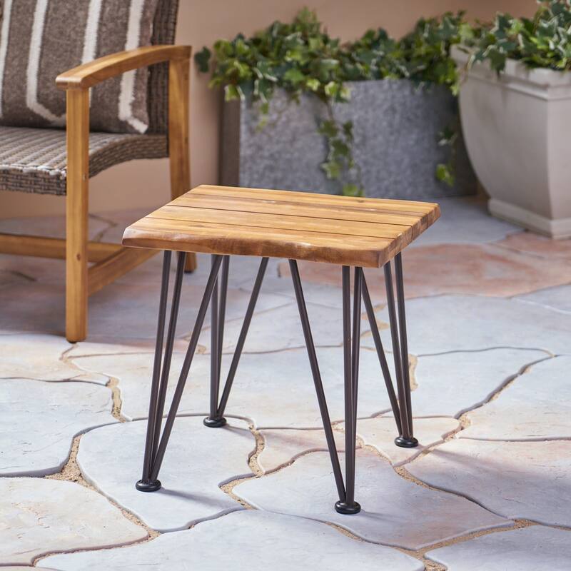Roomfitters Wooden Side Table with Hairpin Iron Legs, Small Outdoor Accent End Table for Patio or Balcony, Natural