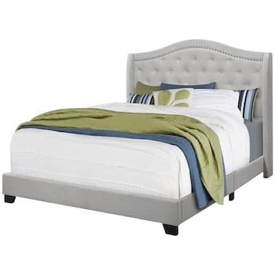 Modern Velvet Bed Frame Queen Size - Upholstered Platform Bed with Wood Legs - Light Grey Bedroom Furniture