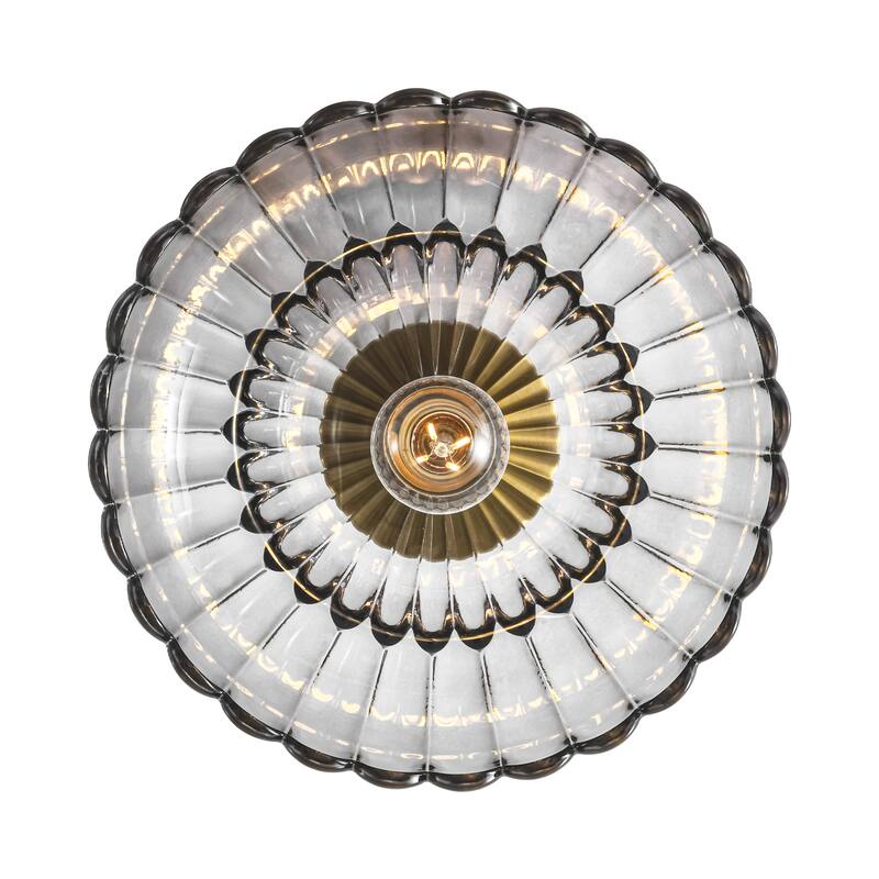 1-Light Vintage Brass Finish Metal Semi-Flush Mount Ceiling Light with Amber/Green/Grey/Clear Glass Shade for Kitchen, Hallway
