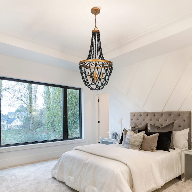 Modern Glam 4-Light Black Gold Wood Beaded Coastal Chandelier Luxury Pendant Ceiling Lights Bedroom Stairwell Dining Room