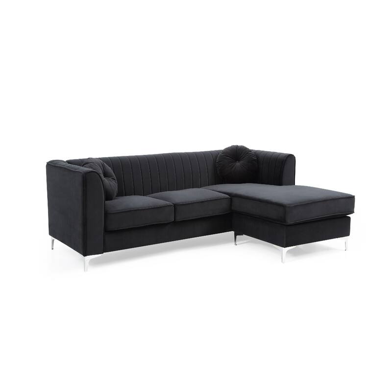 Channel Tufted Velvet L Shape Sectional Sofa with Throw Pillows - 87" - Black