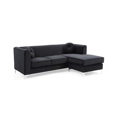 Channel Tufted Velvet L Shape Sectional Sofa with Throw Pillows - 87" - Black