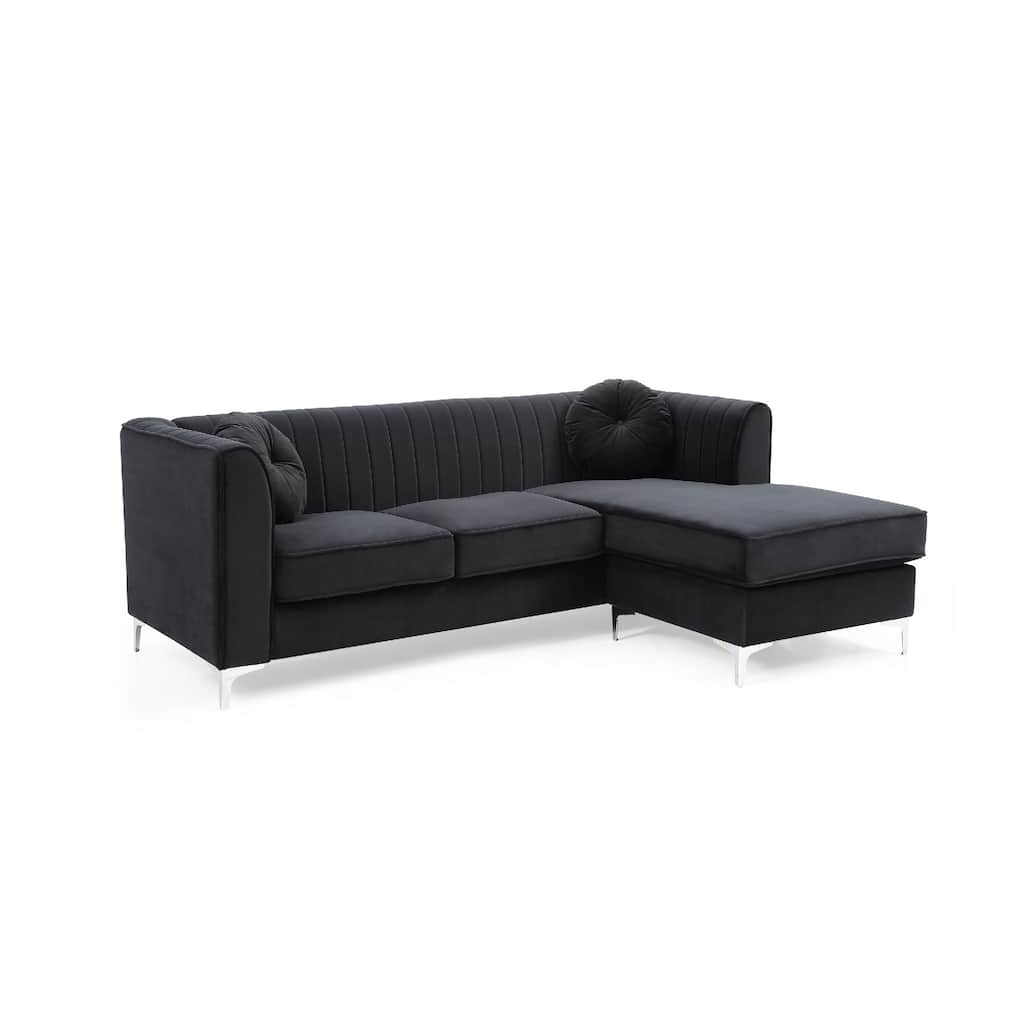 Channel Tufted Velvet L Shape Sectional Sofa with Throw Pillows - 87" - Black
