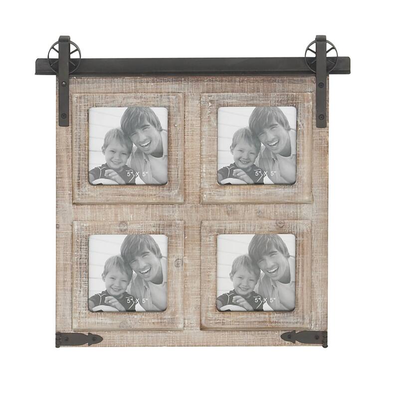 Brown Wooden 4 Slot Wall Photo Frame with Metal Accent