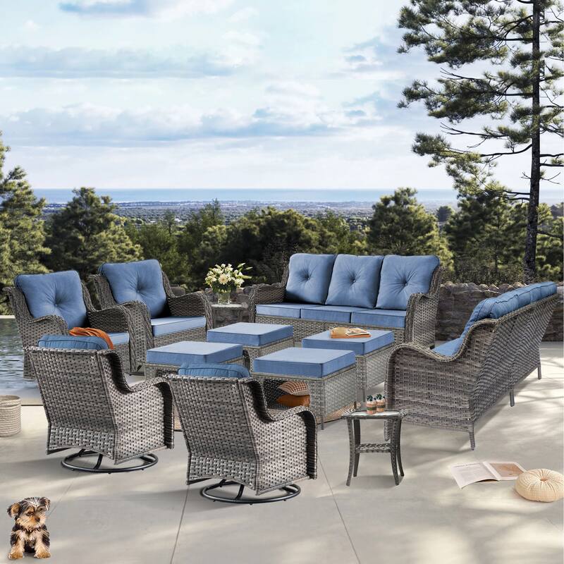 Gray Wicker Rattan Outdoor Patio Furniture Set Swivel Chair with Cushion - 12 Pieces - Denim Blue