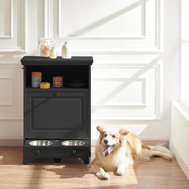 Roomfitters Dog Feeding Station with 2 Elevated Dog Bowls, Tilt Out Pet Feeding Cabinet Station - Black