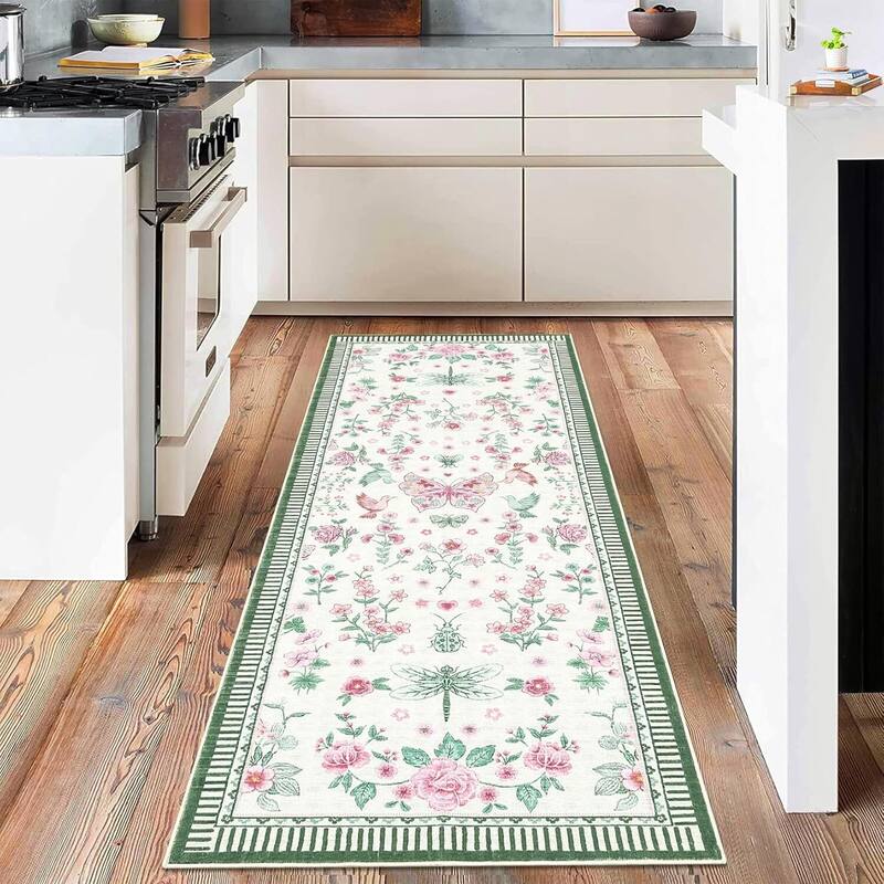Modern Floral Machine Washable Indoor Waterproof Area Rug for Bedroom, Living Room, Pink - 2' x 3'