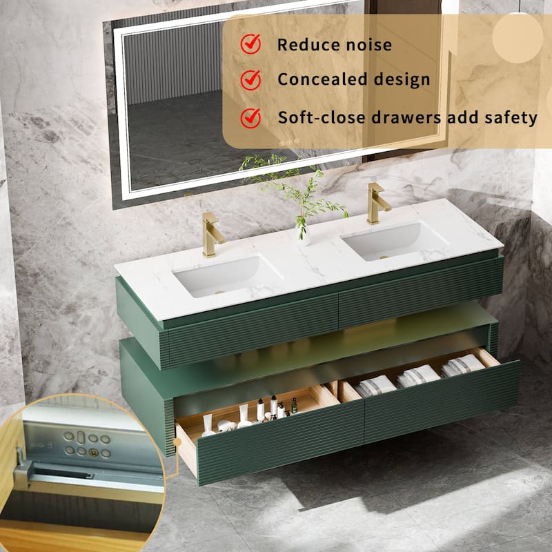 Modland 60" Modern Wall-Mounted Double Sink Bathroom Vanity with Engineered Stone Countertop, Soft-Close Drawers