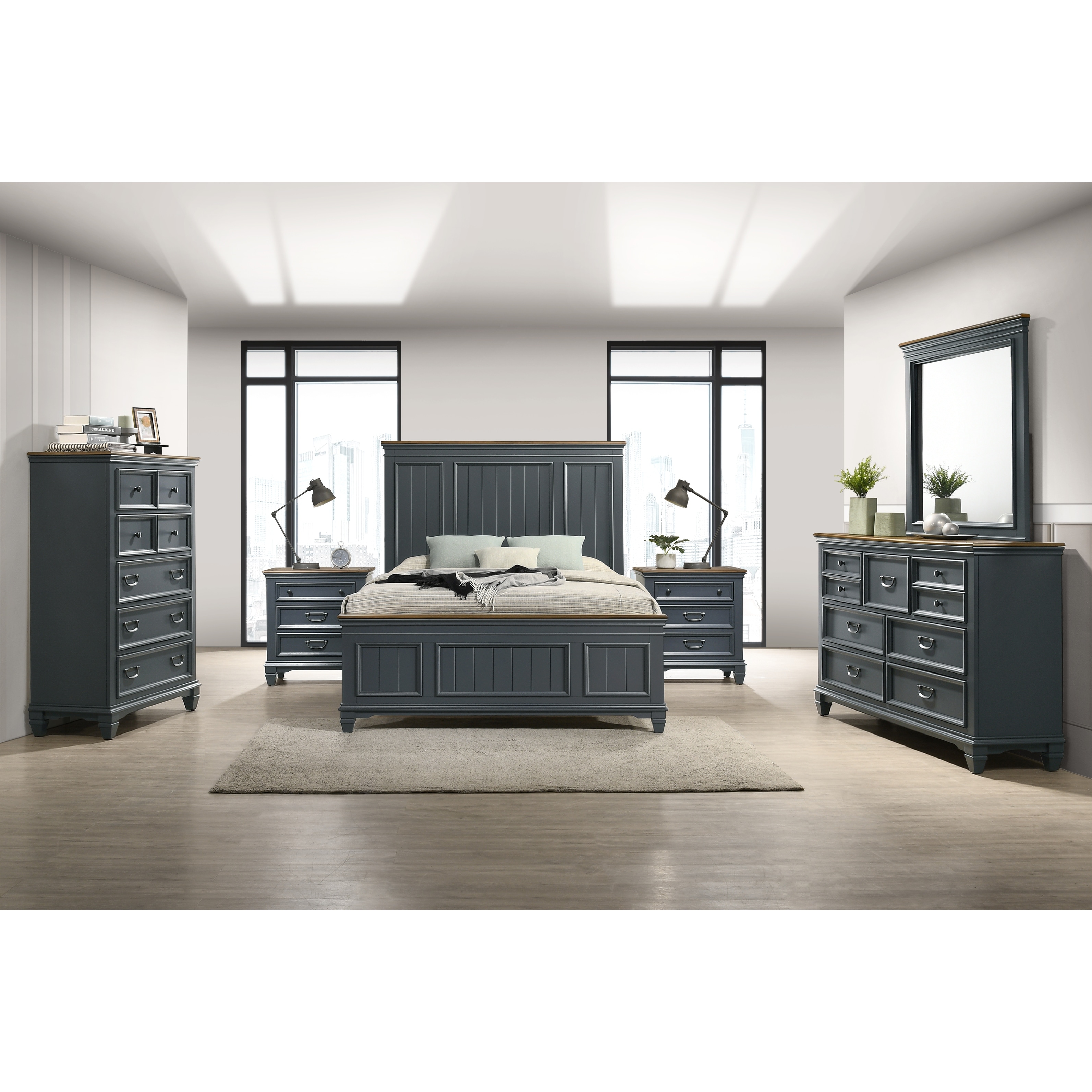 Roundhill Furniture Clelane Wood Bedroom Set with Bed, Dresser, Mirror, Two Nightstands, and Chest