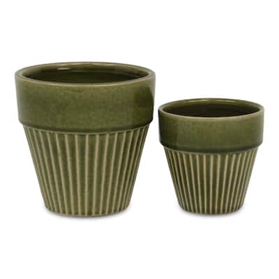 Corseta Tapered Lined Pattern Ceramic Pot - Olive Green