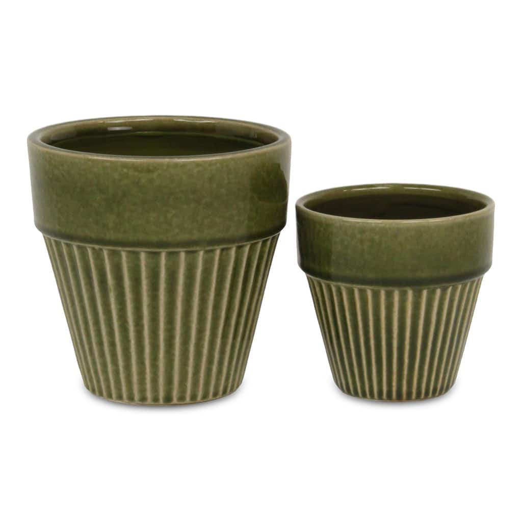 Corseta Tapered Lined Pattern Ceramic Pot - Olive Green