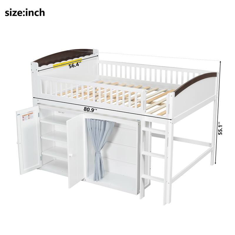 Kids Wooden Loft Bed with Double Door Wardrobe, Storage Headboard Built-in LED, Storage Cabinet and Curtain for Children's Room