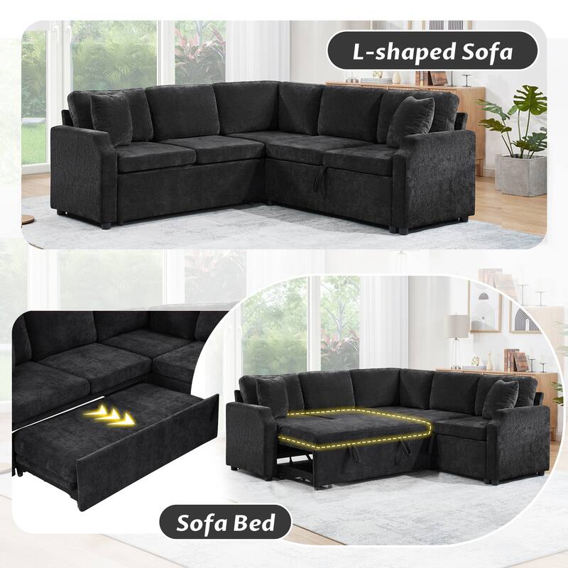 L-Shaped Sectional Sofa Bed, Chenille Upholstered Sleeper Sofa with Hidden Storage Compartment, 4 Seater Corner Sectional Sofa