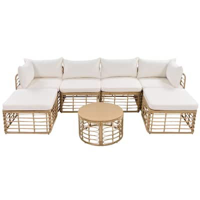 7 Pieces Outdoor Patio Freely Combined Conversation Sofa Sets All Weather Rattan Sectional Sofa Set with Coffee Table