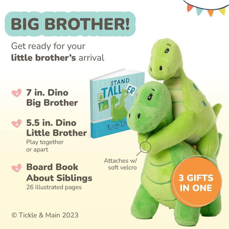 Tickle & Main 3-Piece New Big Brother Dinosaur Gift Set, Includes Stuffed Animals & Storybook for Announcing Sibling