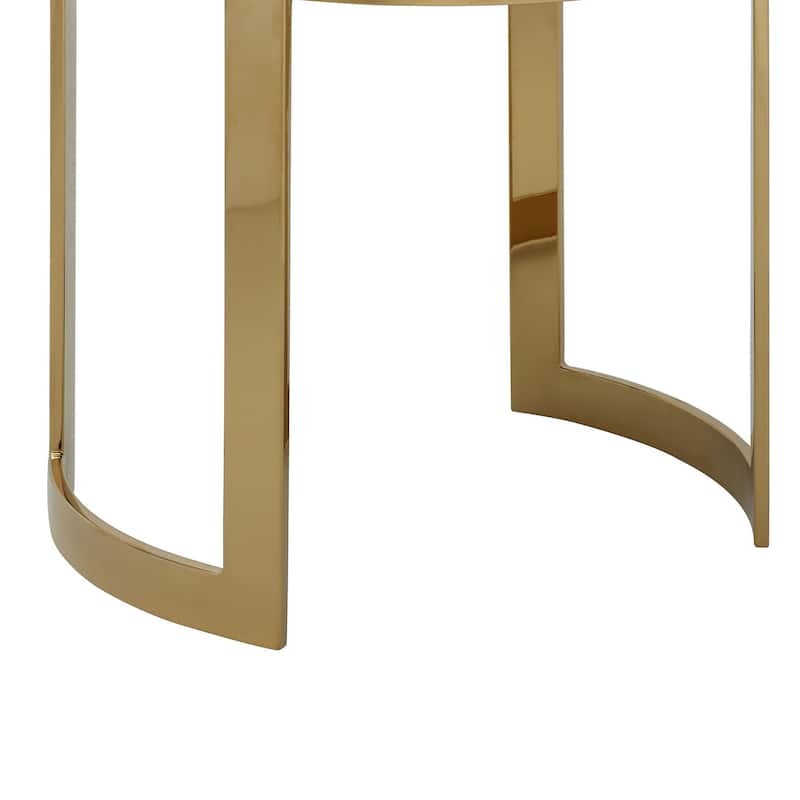 Niyo 19 Inch Accent Stool Ottoman, Round Cushioned White Faux Leather, Gold