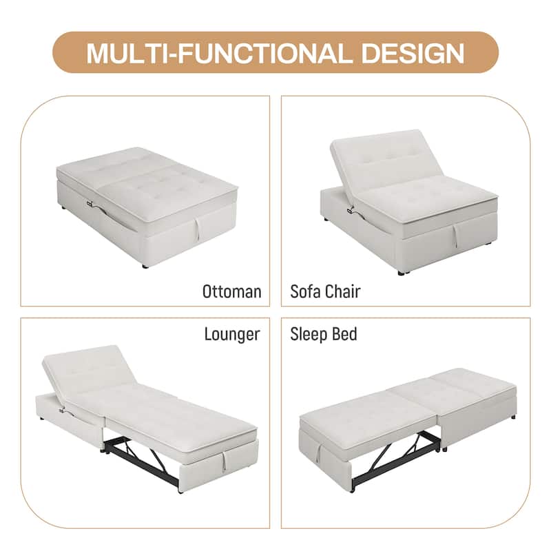 4-in-1 Convertible Sofa Bed Chair Folding Ottoman Living Room Sleeper Chaise Lounge with Adjustable Backrest USB Port and Pocket