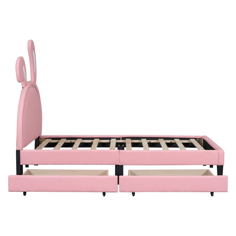 Upholstered Leather Platform Bed, Cute Bed Frame with RabbitShape