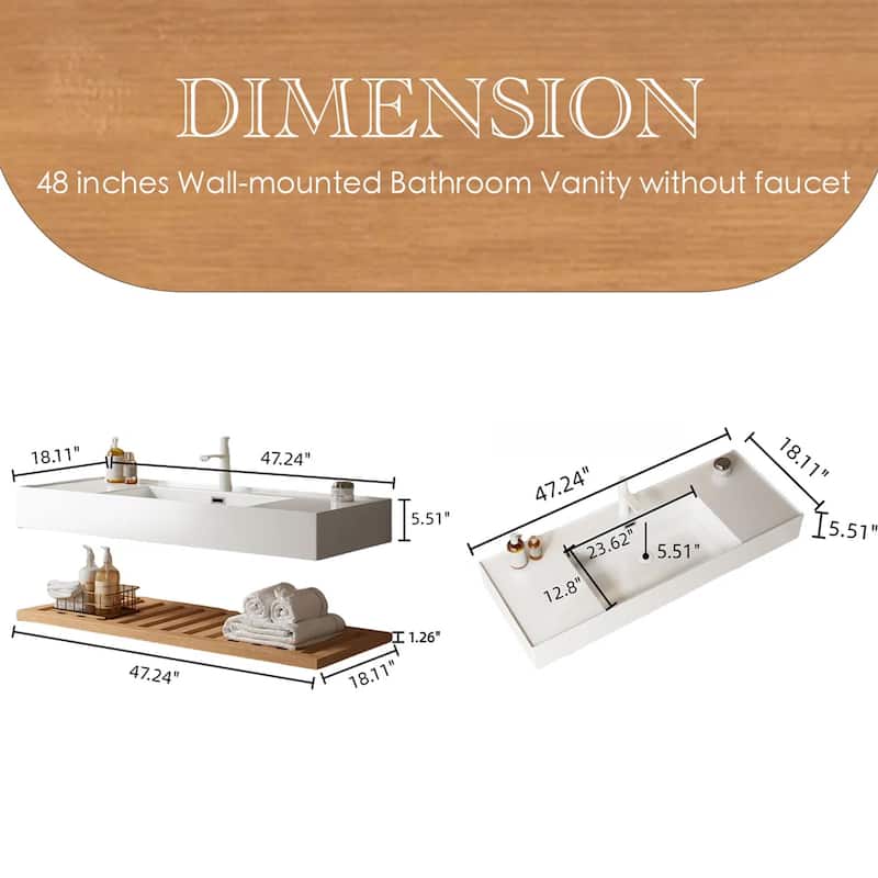 Wall-Mounted Bathroom Vanity in Natural Wood with White Integrated Acrylic Sink