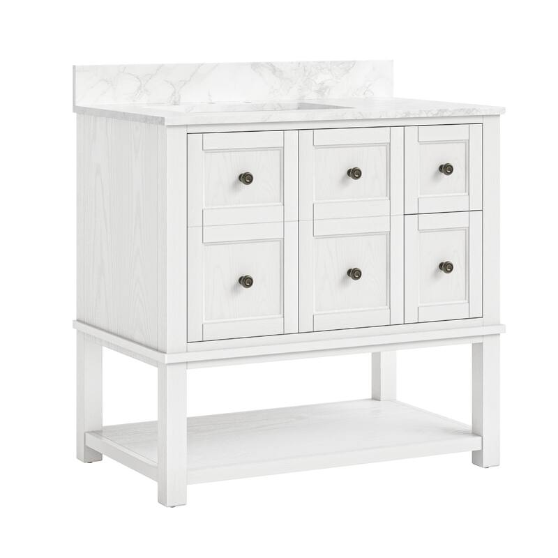 48 Inch Single Bathroom Vanity with 6 Drawers, Marble Top Bathroom Vanity with Sink in White