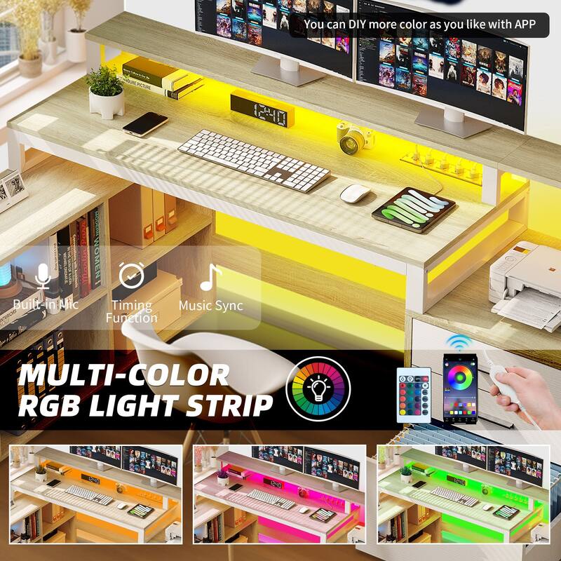 Moasis 65-inch L Shaped Computer Office Desk with Cabinet Drawers Gaming Desk w/Power Outlets & LED Lights