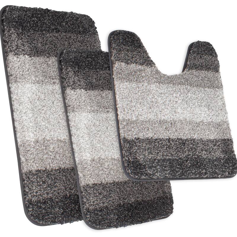 WaLensee 3Pieces Anti-Slip Bath Rug Set, Non-Slip Bathroom Rugs Contour Mat - 16''x24''+20''x32''+20''x24''Contour - Ombre Grey