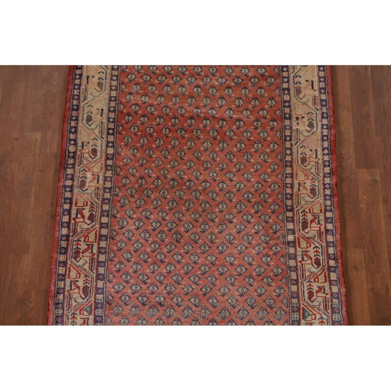 Hand Knotted Oriental 100% Wool Carpet Traditional All-Over Red Botemir Runner Rug - 10' 3'' X 3' 4''