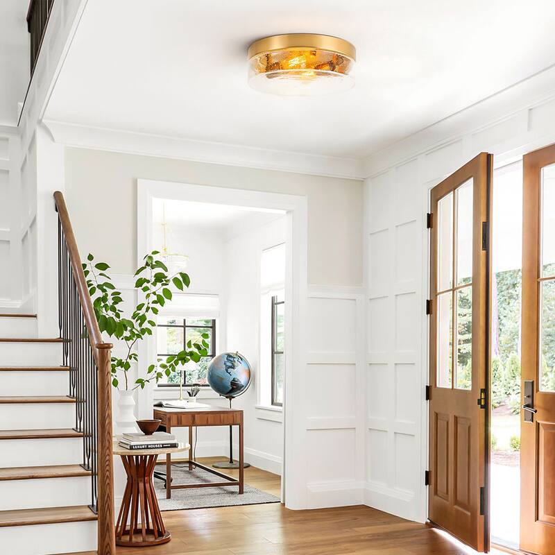 2-Light Gold/Bronze Modern Farmhouse Industrial Dimmable Dome Round Flush Mount Light with Seeded Glass Shade