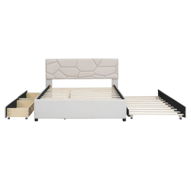 Full/Queen Size Upholstered Platform Bed with Stylish Brick Pattern Headboard, Trundle & 2 Drawers, Linen Fabric Comfort