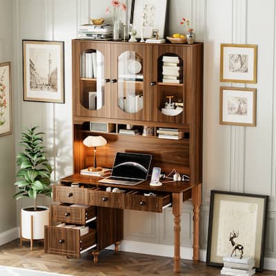 ‌47'' Vintage Desk with USB Ports & Hutch – 5-Drawer Storage Computer Desk with Glass Bookshelf, Walnut Finish 。