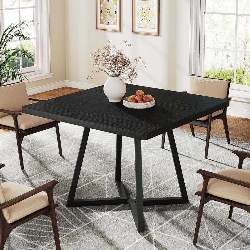 Small Dining Table for 4, 31.5 Inches Industrial Dinner Table with Metal Base - Square - Black