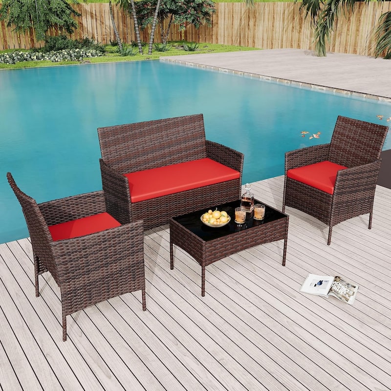 4 Pieces Rattan Wicker Chairs with Glass Coffee Table