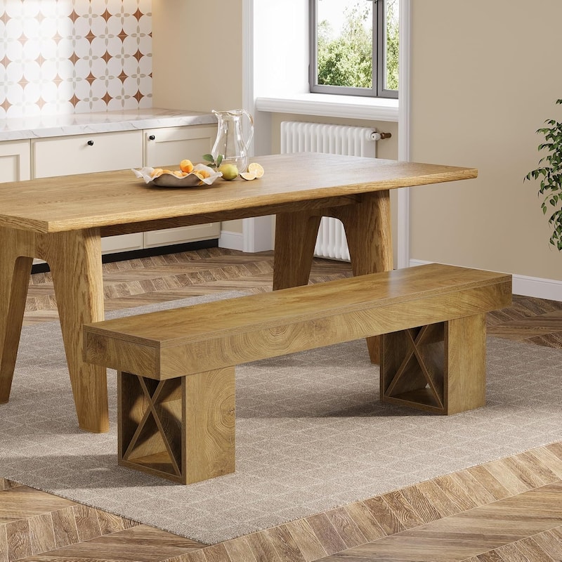 55-Inch Extra Long Dining Bench, Farmhouse Wooden Entryway Bench, Indoor End of Bed Stool for Dining Room, Bedroom, Hallway