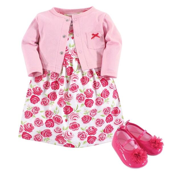 slide 1 of 1, Hudson Baby Infant Girl Cotton Dress, Cardigan and Shoe 3pc Set, Pink Roses 0-3 Months - Pink Roses