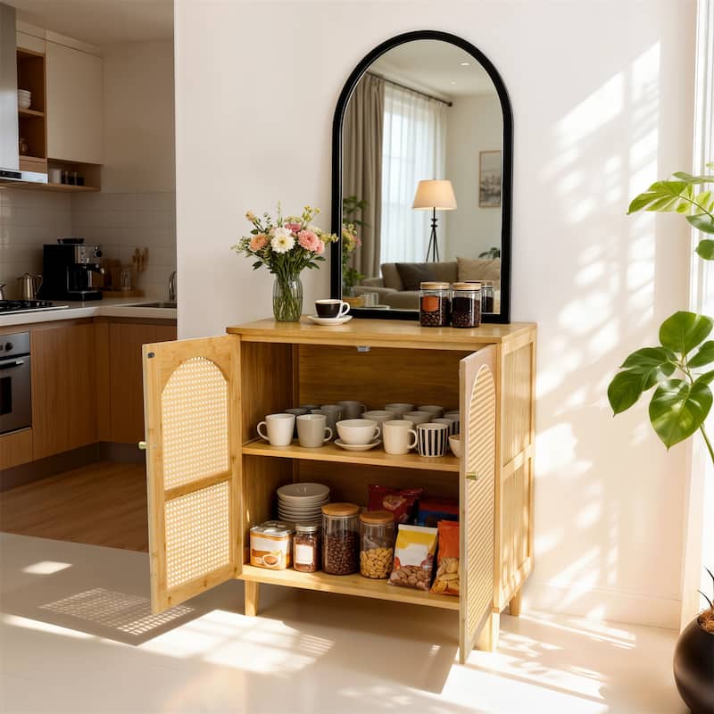 Kitchen Pantry Cabinet Bamboo Sideboard Buffet Cabinet with 2-tier Storage Rattan Door - 29.53"x15.35"x32.28"