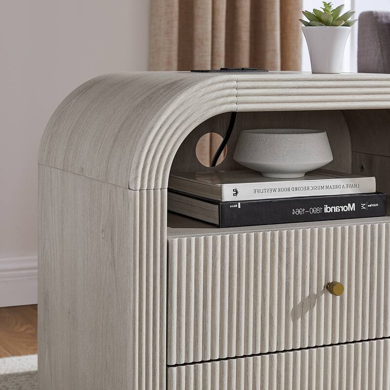 Modern Fluted Nightstand with Charging Station, Arched End Table