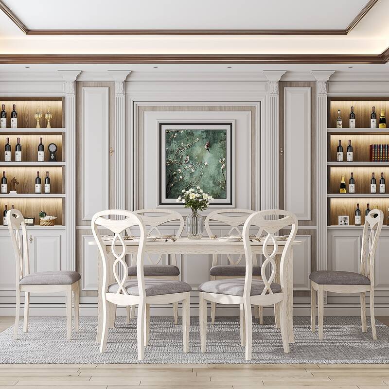 Javlergo Mid-Century Modern Solid Wood Dining Table Set for 4/6, Rectangular Kitchen Table and Chairs, Upholstered Dining Set