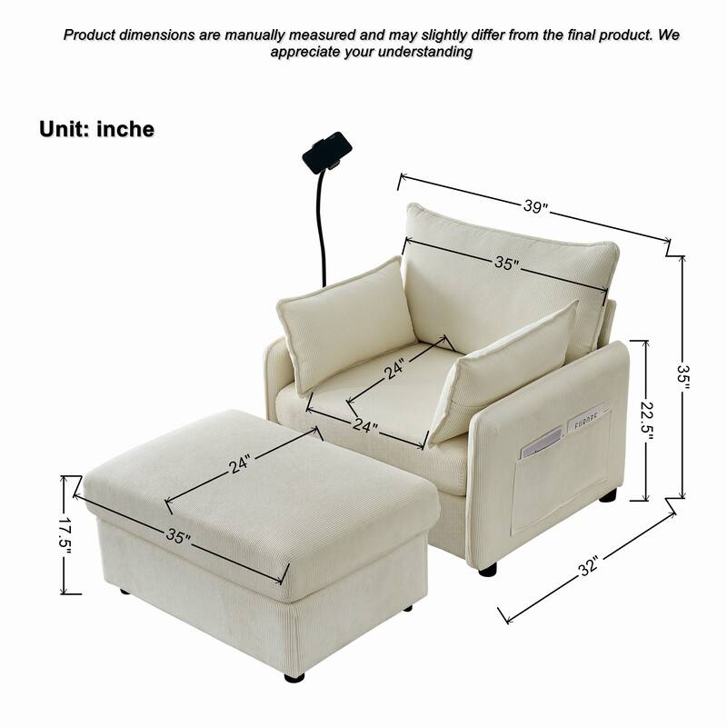 Roomfitters Modern Upholstered Chaise Lounge Chair with Ottoman, Comfy Oversized Armchair with Storage Side Pocket, Beige