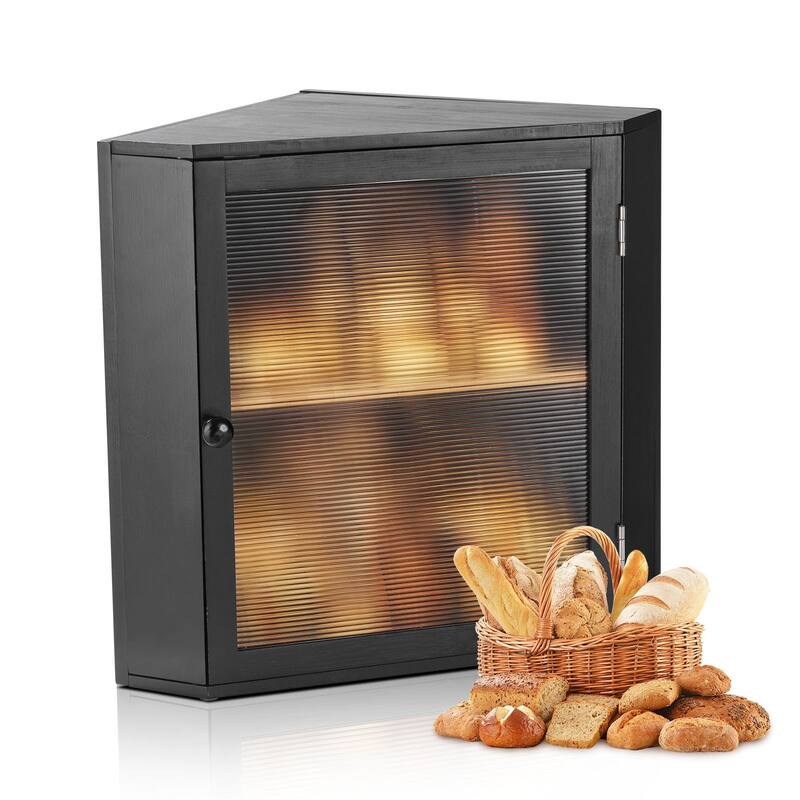 Black Wicker Wood Corner Bread Box with Double Layer Adjustable Shelves and Acrylic Door - 12.60” x 12.60” x 16.73”